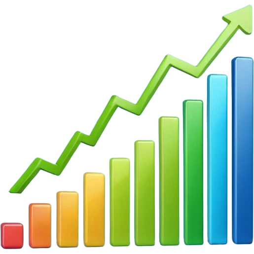 3D bar chart with upward trend, pie chart, colorful graphs, 
data visualization, blue and green colors, transparent background, 
emoji style, realistic, modern business analytics emoji