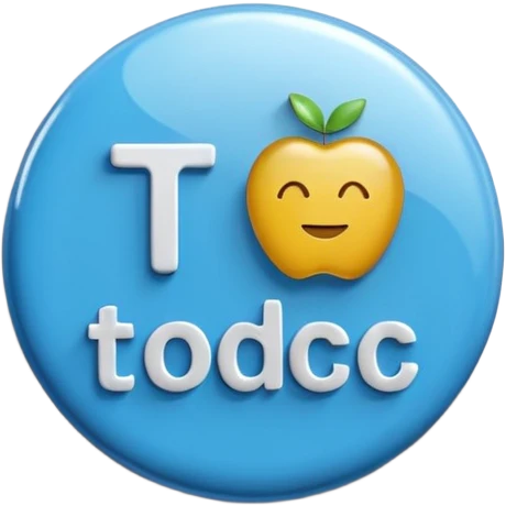 A glossy, three-dimensional emoji pin badge showing the text "TODOC". The font is modern, rounded, sans-serif, and colored in a professional medical blue. The badge has soft edges and reflections, in the style of Apple emojis. White background. emoji