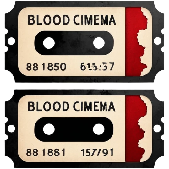 Minimalist emoji-style sticker of an old torn cinema ticket, blood-stained edges and burn holes, grayscale paper

 emoji