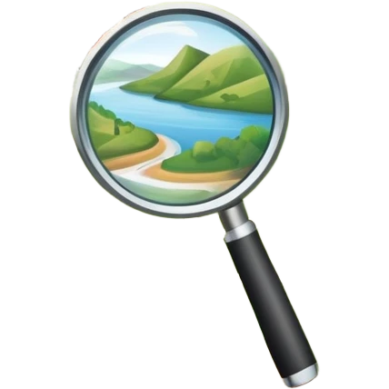 An icon featuring a magnifying glass over a local map, with a small village, traditional house, and natural landmarks like a river and hill, symbolizing local history and geography. Transparent background highlights the study of native land, culture, and heritage. emoji