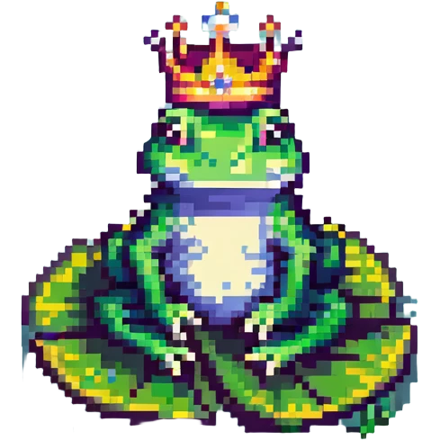 pixel art crowned frog, sitting on a lily pad emoji