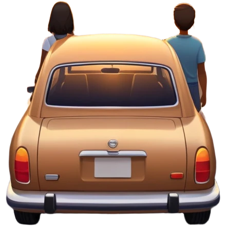 A parked car sits quietly on the side of an open road, facing a breathtaking sunset. Two people stand outside, backs turned, watching the horizon. The road stretches endlessly ahead, surrounded by a peaceful, glowing landscape full of light, warmth, and possibilit emoji