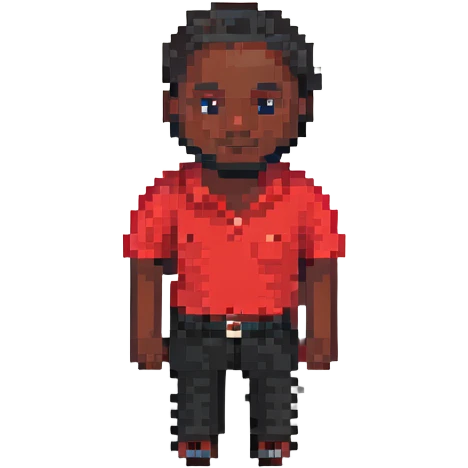 pixel emoji black man, pixel art style, black skin tone, pixelated, 8-bit, wearing a red shirt emoji