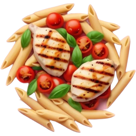 penne with cherry tomatoes and grilled chicken on a round pastel pink plate emoji