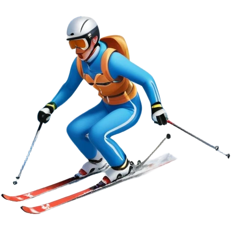 An icon featuring snowy peaks, pine trees, and a picturesque mountain landscape with a skier racing down a snow-covered slope. The sky is blue with soft clouds, capturing the thrill and beauty of alpine skiing. Transparent background highlights the excitement and serenity of winter sports. emoji