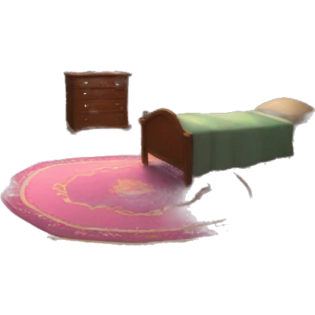 Very detailed view of Enid and Wednesday’s room at Nevermore Academy both girls beds carpeted floors walls and large octagonal window  emoji