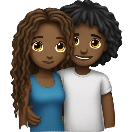 Brown girl with wavy hair hugging black boy who has dreads  emoji