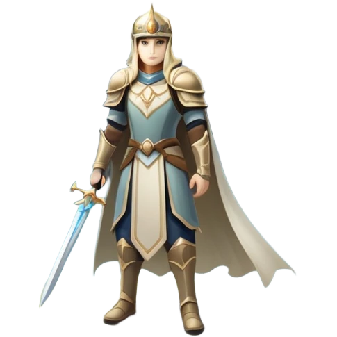 An icon featuring a hero with a closed visor, standing in a majestic, mystical landscape, inspired by RPGs like Elden Ring. The design includes a stunning, ethereal background with towering castles and distant mountains, symbolizing the adventure and mystery. Transparent background emoji