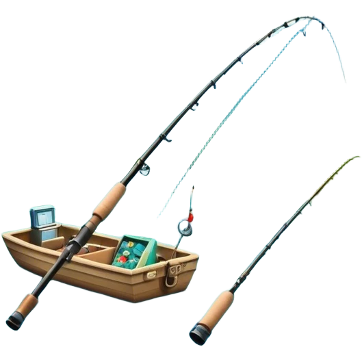 Icon for Fishing Travel: a fishing rod, tackle box and a boat on a calm lake surrounded by mountains and lush greenery, with fish jumping out of the water. The icon should capture the peaceful and adventurous nature of fishing trips. Transparent background. emoji