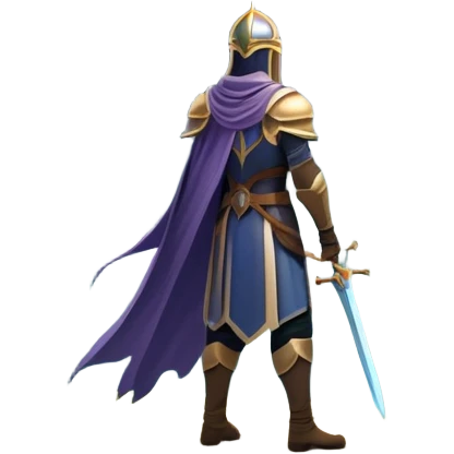 An icon featuring a hero with a closed visor, standing in a majestic, mystical landscape, inspired by RPGs like Elden Ring. The design includes a stunning, ethereal background with towering castles and distant mountains, symbolizing the adventure and mystery. Transparent background emoji