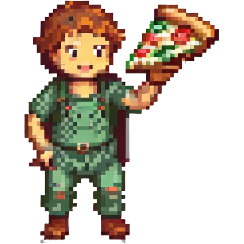 Peppino from Pizza Tower, pixel art style, holding a pizza, dynamic action, no background emoji
