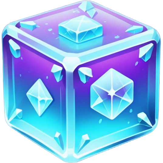glowing ice crystal cube, icy neon cyan highlights, purple neon accents, dark background, digital tech style. emoji