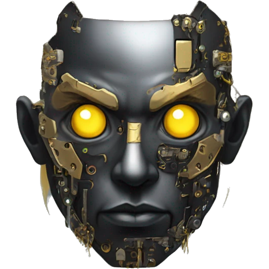 black metal male cyborg head with artificial eyeball, circuitry and dreaded yellow gold hair emoji