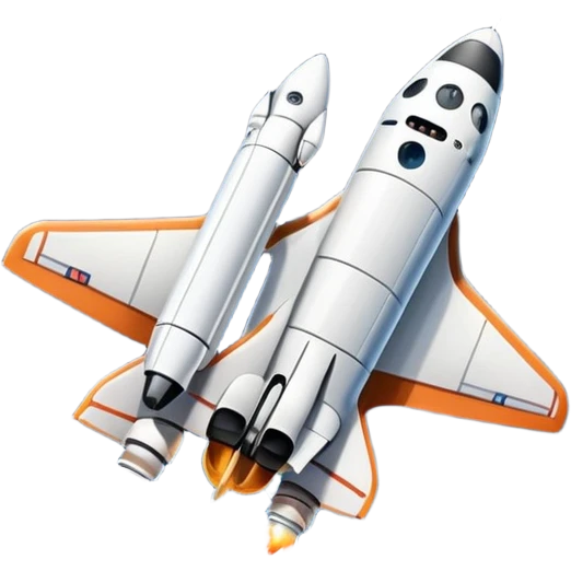 An icon featuring a space shuttle and an airplane against a starry sky, symbolizing aerospace technology. The design includes rocket boosters and satellite orbits, representing the exploration of space and advanced aviation. Transparent background emoji