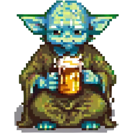 Yoda sitting with a beer, pixel art style emoji