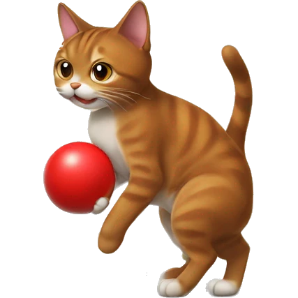 a brown cat with a white chest plays with a red ball emoji