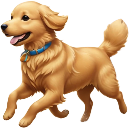 A Golden Retriever running on a beach at sunset, fur blowing in the wind, joyful expression. Motion capture, golden hour lighting, realistic water reflections. emoji