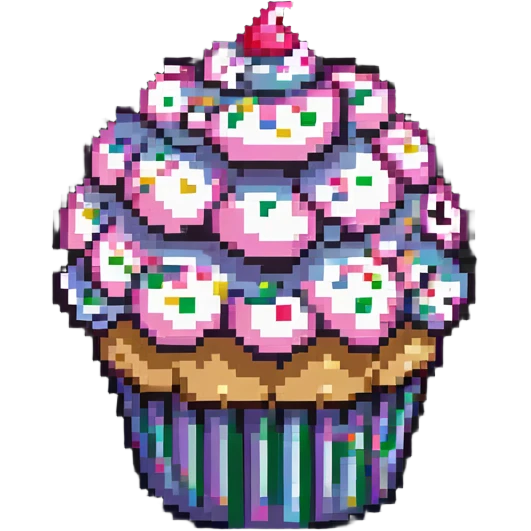 giant cupcake with pink icing and colorful sprinkles in pixel art style emoji