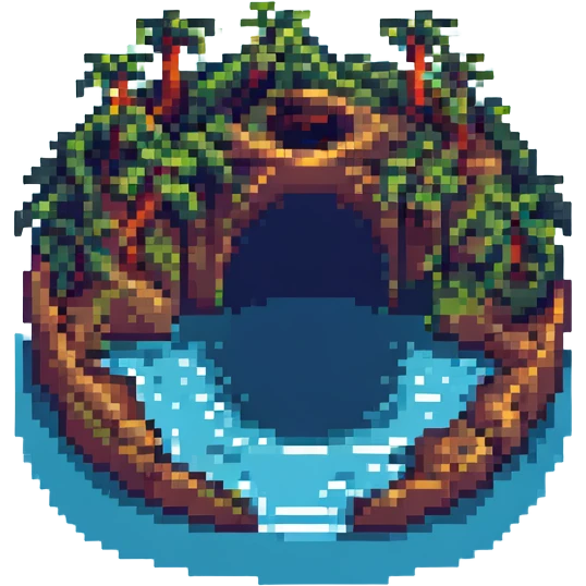 an island with a large hole or arch through it, surrounded by water, pixel art style emoji