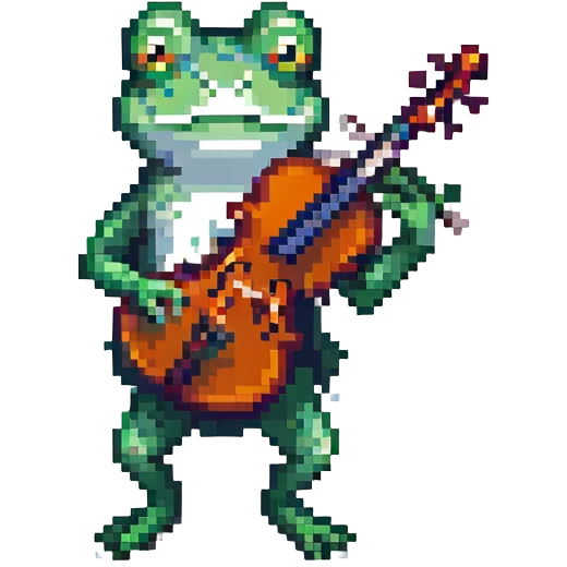 frog playing the violin, pixel art style emoji