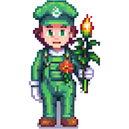 Luigi holding a fire flower, pixel art style, classic outfit, playful emoji