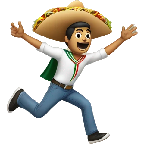 Mexican man jumping over brick wall with a taco in his hand emoji