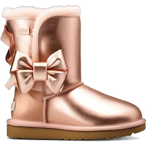 Realistic rose gold  iridescent Ugg boots with silk rose gold  bow. emoji
