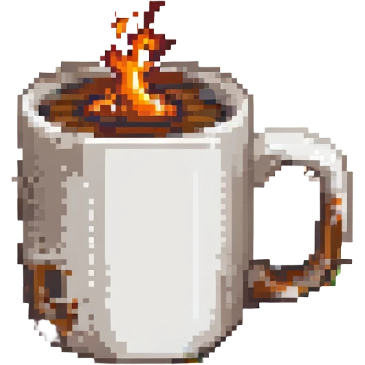 A white mug with burning coffee emoji