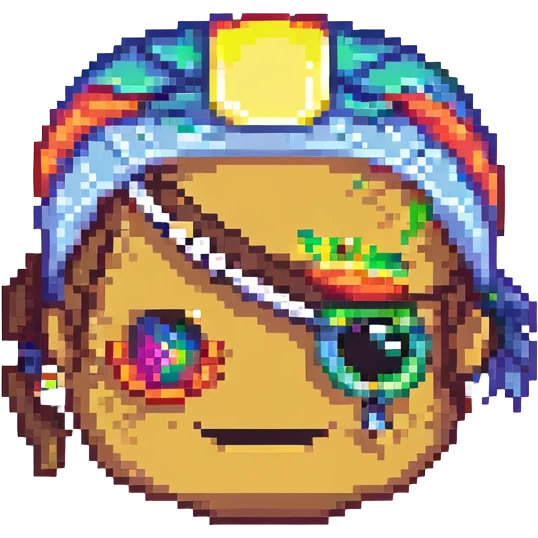 pirate with rainbow eyepatch and earring, smiling, pixel art style emoji
