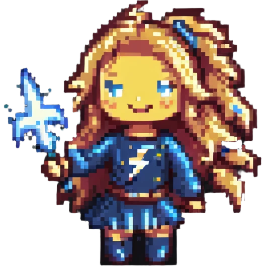 pixel art of an anthropomorphic battery girl with long hair, smiling, holding a lightning bolt emoji