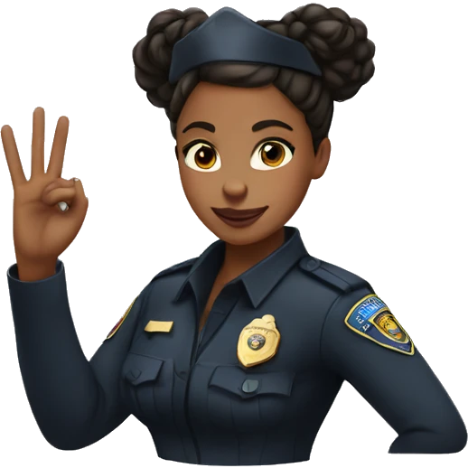 A black cop girl with a hair bun and making the peace symbol with her hands emoji