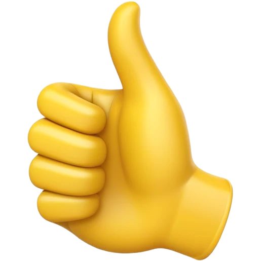 Apple-style 3D illustration of a single yellow emoji hand giving a thumbs up gesture, glossy and rounded, centered on a clean white background, soft shadow underneath, isolated and minimal design emoji