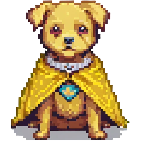 A pixel art style emoji of a super dog with a yellow cape. emoji