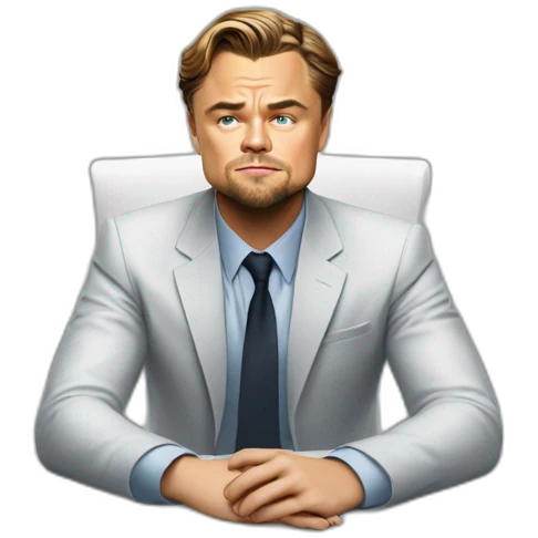 Leonardo DiCaprio sitting on the white table and trying to solve a problem in his business emoji