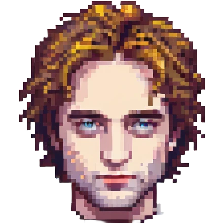 Robert Pattinson as a pixel art character, detailed facial features, iconic hairstyle, minimalist pixel style emoji