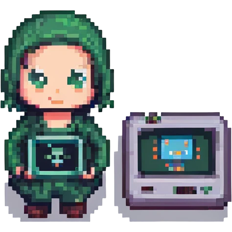 open source meme emoji, pixel art character with terminal window and open source sticker emoji