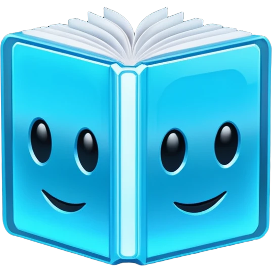 Pixel art emoji icon of a futuristic holographic book (help), neon blue sci-fi voxel style, cute tech aesthetic, centered, simple, high contrast, 3D shading, soft glow, transparent background, 100x100 px, game UI icon emoji