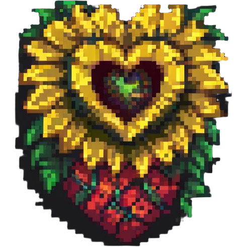 a sunflower wrapped around a human heart, vibrant colors, pixel art style emoji