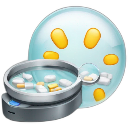 i want an emoji representing a printer with a magnifying glass covering it showing medication drugs emoji