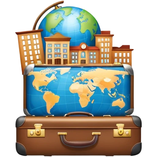 An icon featuring a suitcase, 1 globe, and a hotel building, symbolizing tourism and hospitality studies. The design includes a map and compass, representing travel research and industry analysis. Transparent background emoji