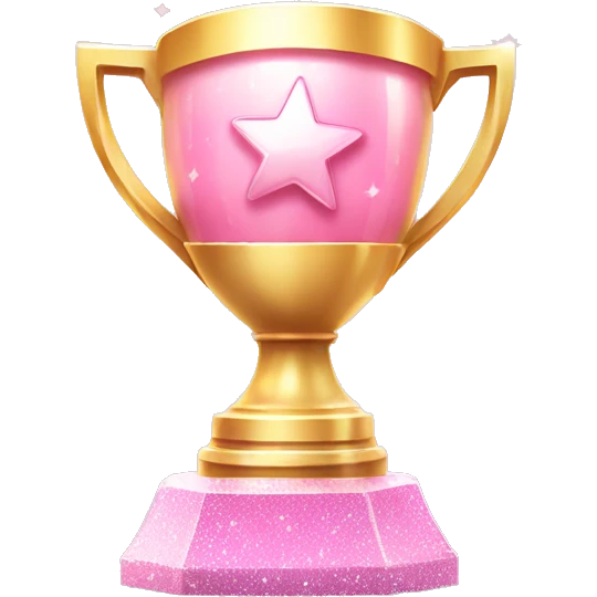 Trophy Emoji "A shiny pastel pink gaming trophy with a glowing base, tiny stars floating around, and glittery highlights accenting the design." emoji
