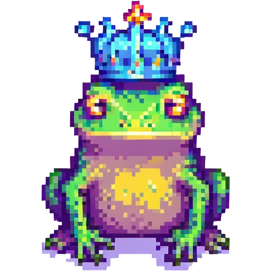 pixel art crowned frog, simple and colorful emoji