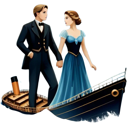 Icon for Titanic Movie: A vintage movie poster-style design featuring a dramatic scene of the ship, the iceberg, and a romantic silhouette of the main couple. Include elements like the ship’s bow, water splashes, and a starry sky in the background. Retro cinematic feel. Transparent background. emoji
