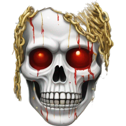 White skeleton zombie person covered in golden chains and black graffiti scribbles and red and silver doodles snowing snowflakes emoji