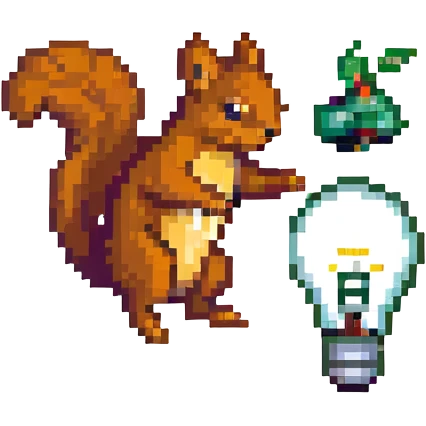 a squirrel jumping with a lightbulb, pixel art style emoji