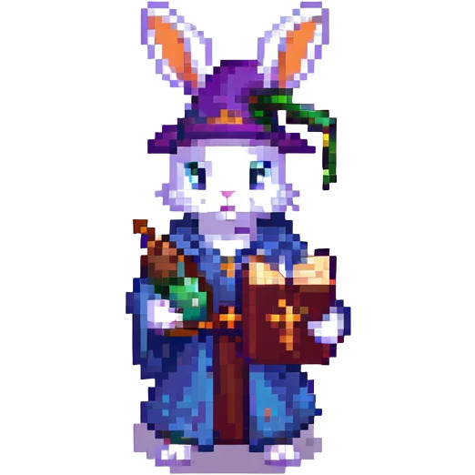 adolescent wizard bunny with a spellbook and potion, pixel art style emoji
