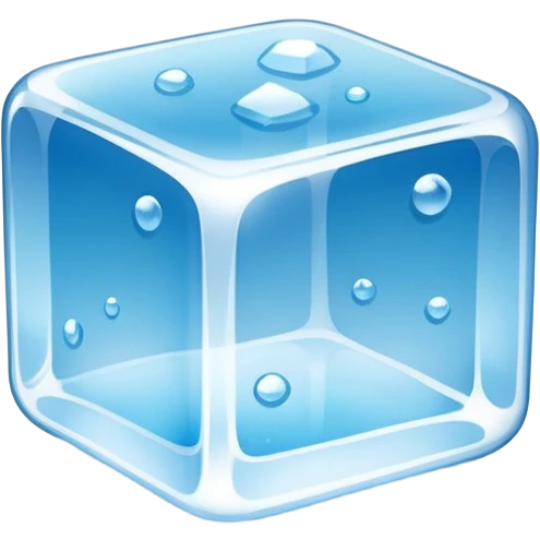 A single transparent ice cube with smooth rounded edges, highly detailed, crystal-clear with tiny air bubbles inside, glossy reflections, cool blue tones, soft shine on the surface, realistic lighting, floating on a clean blue background, ultra-high resolution, 3D look, sharp details emoji