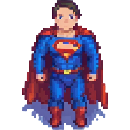 Superman standing heroically with cape flowing, pixel art style, simplified details, retro video game look emoji
