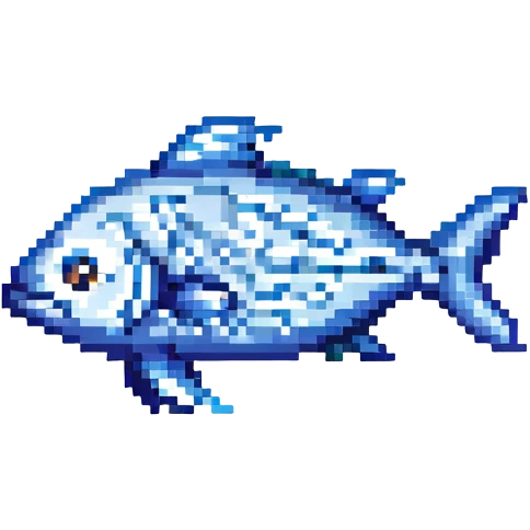 pixel art hamsi anchovy fish, small and retro, blue and silver colors emoji