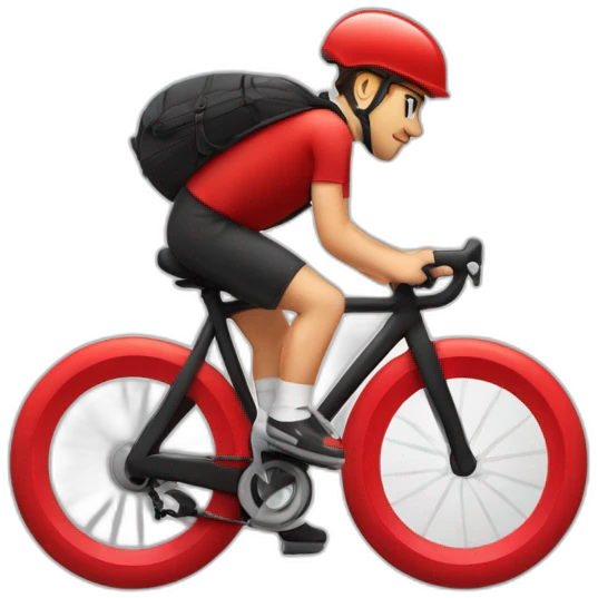 Garçon en tenue rouge sur un vélo noir vélo avec un sac tout rouge cubique, avec un logo qui représente une toque emoji